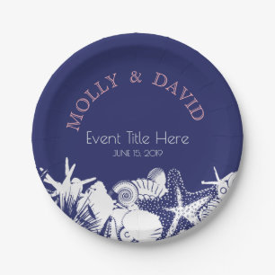 Navy Artsy Beach Seashells gepersonaliseerde parti Papieren Bordje