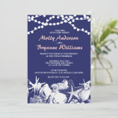 Navy Artsy Seashells String Lights Beach Weddensch Kaart (Staand voorkant)