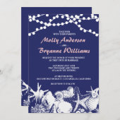 Navy Artsy Seashells String Lights Beach Weddensch Kaart (Voorkant / Achterkant)