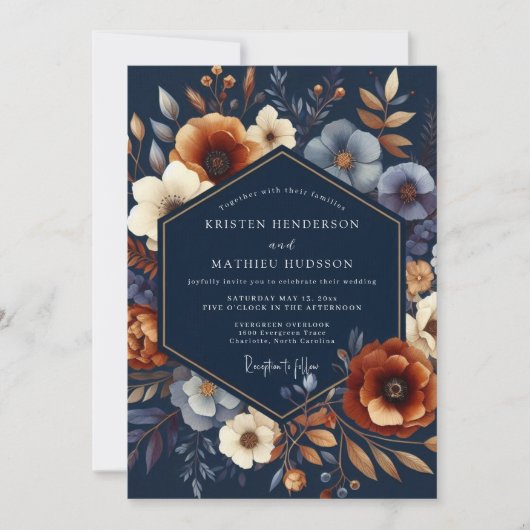 Navy Autumnal Bloom Wedding Kaart (Voorkant)