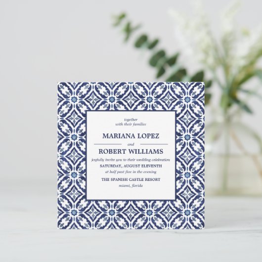 Navy Azulejo | Spaans Tegel Pattern Wedding Kaart (Staand voorkant)