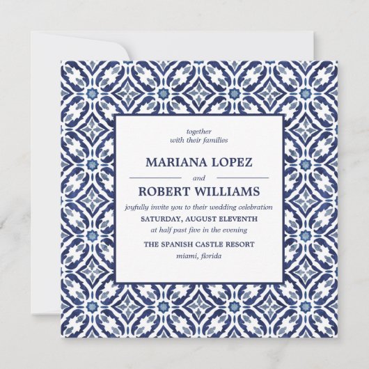 Navy Azulejo | Spaans Tegel Pattern Wedding Kaart (Voorkant)