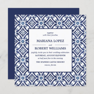 Navy Azulejo Spaans Tegel Pattern Wedding Kaart