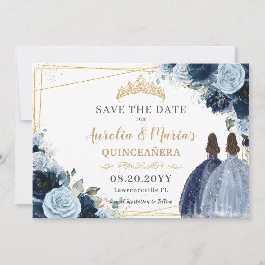 Navy Baby Blauw Bloemen Tweeling Quinceanera Sweet Save The Date (Voorkant)