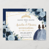 Navy Baby Blauw Bloemen Tweeling Quinceanera Sweet Save The Date (Voorkant / Achterkant)