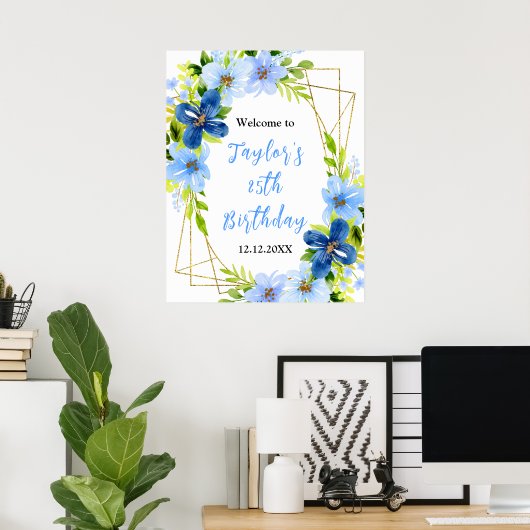 Navy Baby Blauw Bloemen Verjaardagsfeest Welkomstb Poster (Thuiskantoor)