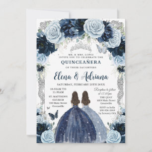 Navy Baby Blue Bloem Zilver Tweeling Quinceanera 1 Kaart
