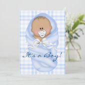 Navy Baby Blue Gingham Baby Boy Douche Uitnodiging (Staand voorkant)