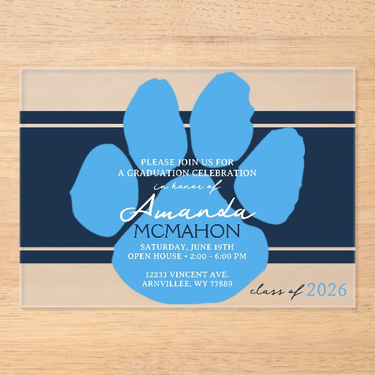 Navy & Baby Blue Pawprint Afstuderen Elegant Acryl Uitnodigingen (Voorkant)