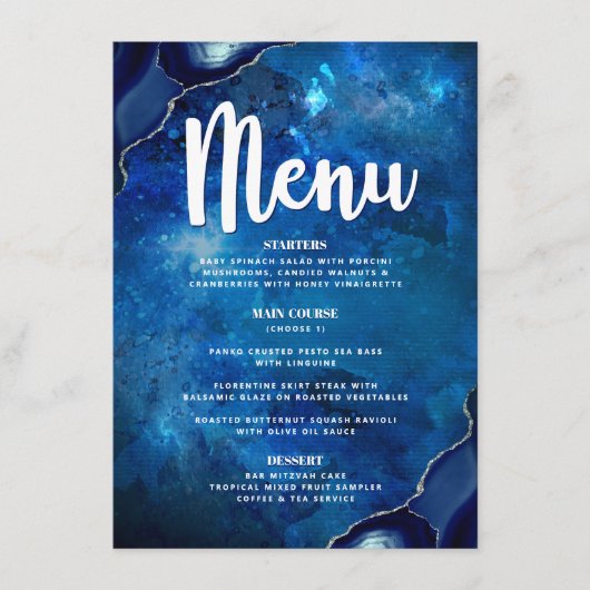 Navy Bar Mitzvah Galaxy Waterverf Agaat Script Menu (Voorkant)