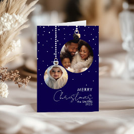 Navy Bauble Family Photo Christmas Card With Snow Kaart