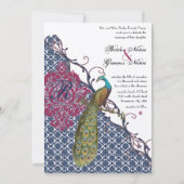 Navy & Berry Berry Elegant Damask Peacock Wedding Kaart (Voorkant)