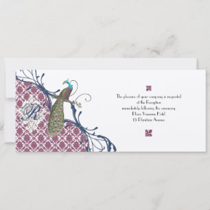 Navy & Berry Berry Elegant Damask Peacock Wedding Kaart