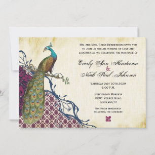 Navy & Berry Berry Elegant Damask Peacock Wedding Kaart