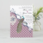 Navy & Berry Berry Elegant Damask Peacock Wedding Kaart (Staand voorkant)