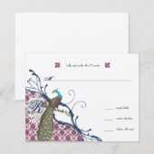 Navy & Berry Berry Elegant Damask Peacock Wedding RSVP Kaartje (Voorkant / Achterkant)