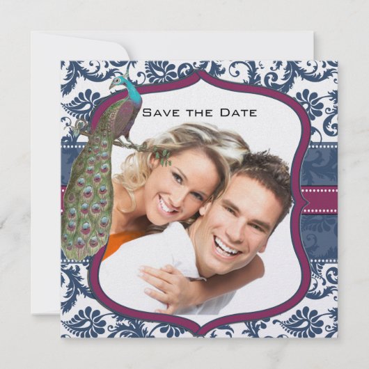 Navy & Berry Berry Elegante Damast Pauw Huwelijk Kaart (Voorkant)