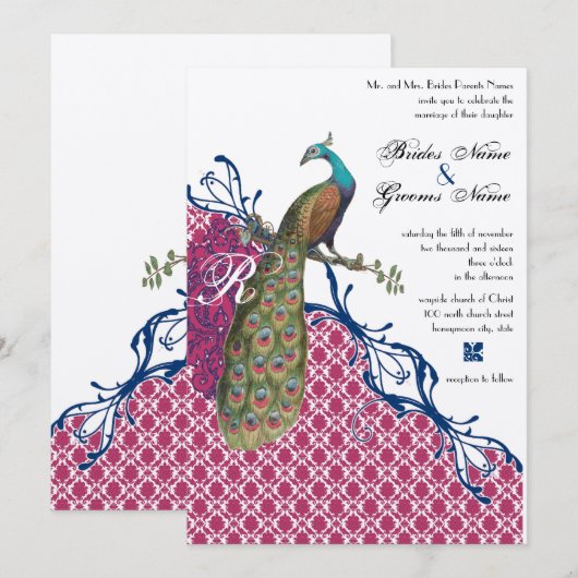 Navy & Berry Berry Monogram Damask Peacock Wedding Kaart (Voorkant / Achterkant)