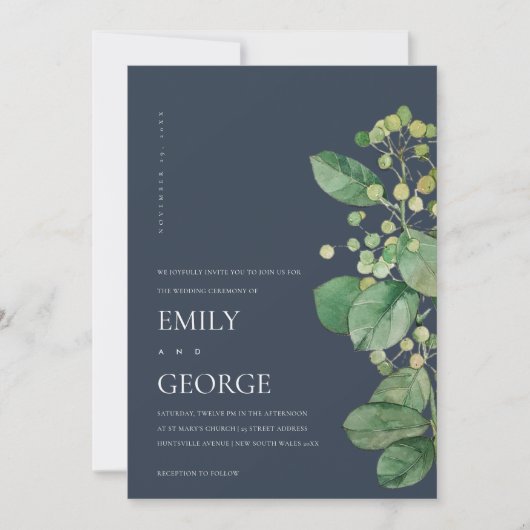 NAVY BERRY LAVES FOLIAGE GREENERY WEDDING INVITE BEDANKKAART (Voorkant)