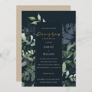 Navy Black Green Leafy Fauna Couples Shower Bedankkaart