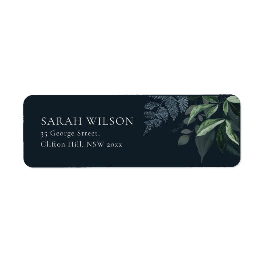 Navy Black Green Leafy Foliage Leafy Address Label (Voorkant)