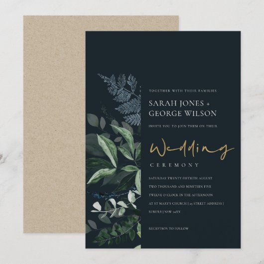 Navy Black Green Leafy Foliage Wedding Invite Bedankkaart (Voorkant / Achterkant)