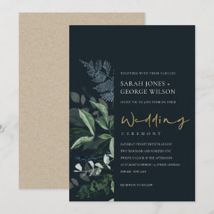 Navy Black Green Leafy Foliage Wedding Invite Bedankkaart