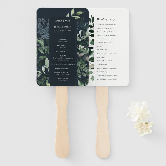 Navy Black Green Leafy Foliage Wedding Programme Handwaaier (Voorkant en achterkant)