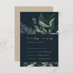 Navy Black Green Leafy Foliage Wedding Rsvp Informatiekaartje