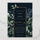 Navy Black Green Leafy Tropical Fauna Wedding Folie Uitnodiging (Voorkant)