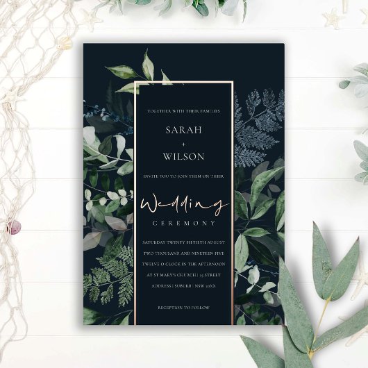 Navy Black Green Leafy Tropical Fauna Wedding Folie Uitnodiging