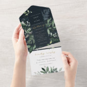 Navy Black Green Leafy Tropical Foliage Wedding Al All In One Uitnodiging (Afscheurbaar)