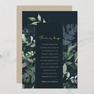 Navy Black Green Leafy Tropical Foliage Wedding Bedankkaart