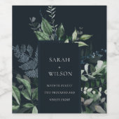 Navy Black Green Leafy Tropical Foliage Wedding Wijn Etiket (Enkel label)