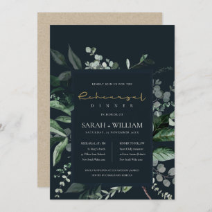 Navy Black Leafy Fauna Rehearsal Dinner Invite Bedankkaart