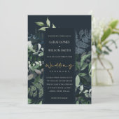 Navy Black Leafy Tropical Foliage Wedding Invite Bedankkaart (Staand voorkant)