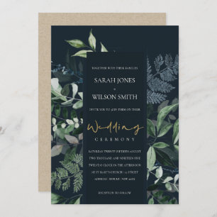 Navy Black Leafy Tropical Foliage Wedding Invite Bedankkaart