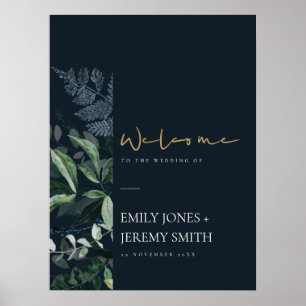 Navy Black Leafy Tropical Foliage Weduwen Welkom Poster