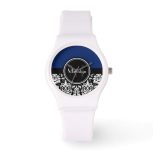 Navy Black White Damask Monogram Letter Horloge