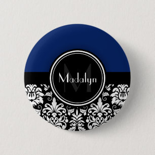 Navy Black White Damask Monogram Letter Ronde Button 5,7 Cm