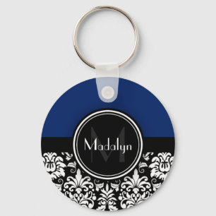 Navy Black White Damask Monogram Letter Sleutelhanger