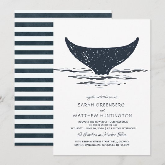 Navy & Blanc | Faire-Part de Mariage Nautilus Bale (Devant / Derrière)