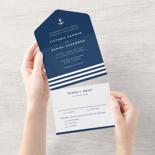 Navy Blauw Anker en Stripes Nautische Bruiloft All In One Uitnodiging (Afscheurbaar)