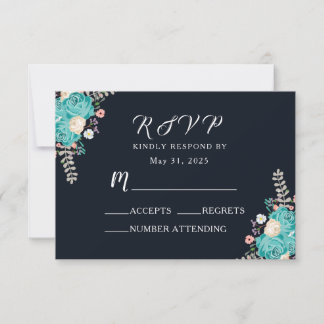 Navy Blauw Blauw Bloemen Bruiloft RSVP Kaartje