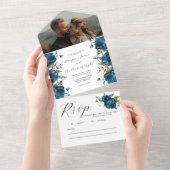 Navy Blauw Bloemen Herfst Bruiloft All In One Uitnodiging (Afscheurbaar)