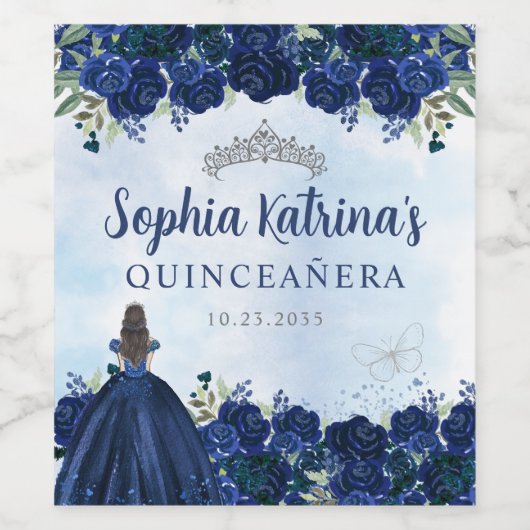 Navy Blauw Bloemen Prinses Quinceanera Verjaardag Wijn Etiket (Enkel label)
