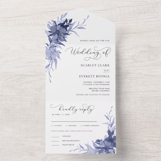 Navy Blauw Bloemen Romantische Kalligrafie Bruilof All In One Uitnodiging (Binnen)
