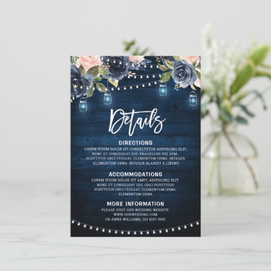 Navy Blauw Blush Bloemen Rustiek String Licht Deta Informatiekaartje (Staand voorkant)