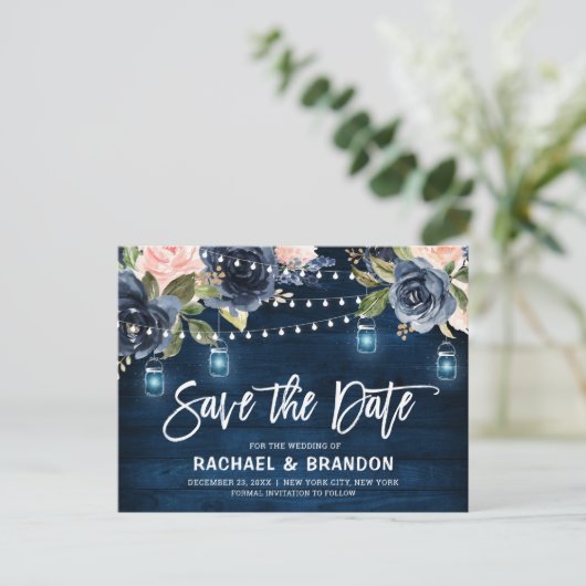 Navy Blauw Blush Bloemen String Light Save the Dat Briefkaart (Staand voorkant)