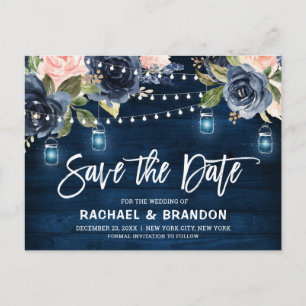 Navy Blauw Blush Bloemen String Light Save the Dat Briefkaart